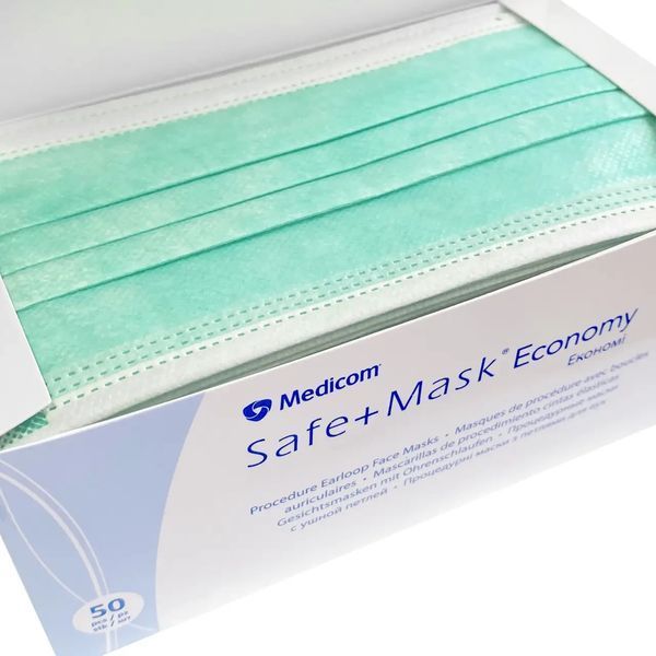 Маски медичні захисні, трьохшарові з петлями для вух Medicom Safe+Mask Ekonomy, 50 шт./упак., зелені 31328 фото